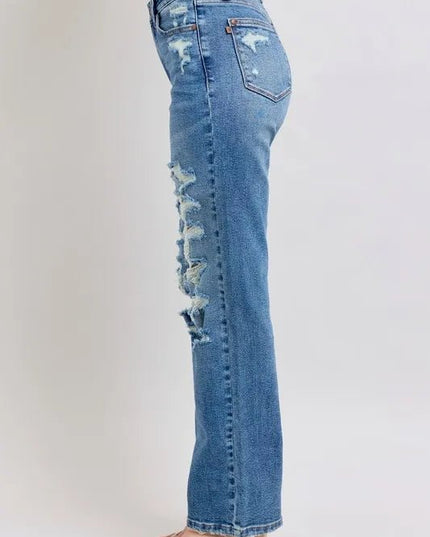 Judy Blue Full Size High Waist Heavy Destroy Straight Jeans Plus Size - THE AMERICAN BLUE