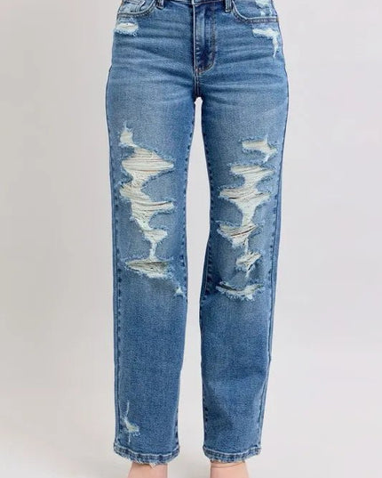 Judy Blue Full Size High Waist Heavy Destroy Straight Jeans Plus Size - THE AMERICAN BLUE