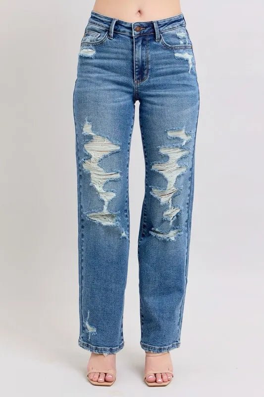 Judy Blue Full Size High Waist Heavy Destroy Straight Jeans Plus Size - THE AMERICAN BLUE