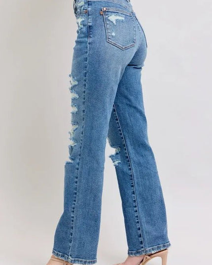 Judy Blue Full Size High Waist Heavy Destroy Straight Jeans Plus Size - THE AMERICAN BLUE