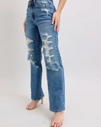 Judy Blue Full Size High Waist Heavy Destroy Straight Jeans Plus Size - THE AMERICAN BLUE