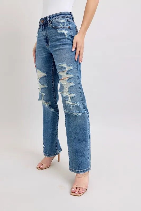 Judy Blue Full Size High Waist Heavy Destroy Straight Jeans Plus Size - THE AMERICAN BLUE