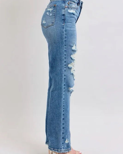 Judy Blue Full Size High Waist Heavy Destroy Straight Jeans Plus Size - THE AMERICAN BLUE