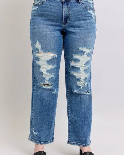 Judy Blue Full Size High Waist Heavy Destroy Straight Jeans Plus Size - THE AMERICAN BLUE