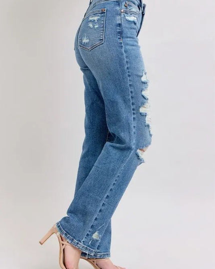 Judy Blue Full Size High Waist Heavy Destroy Straight Jeans Plus Size - THE AMERICAN BLUE