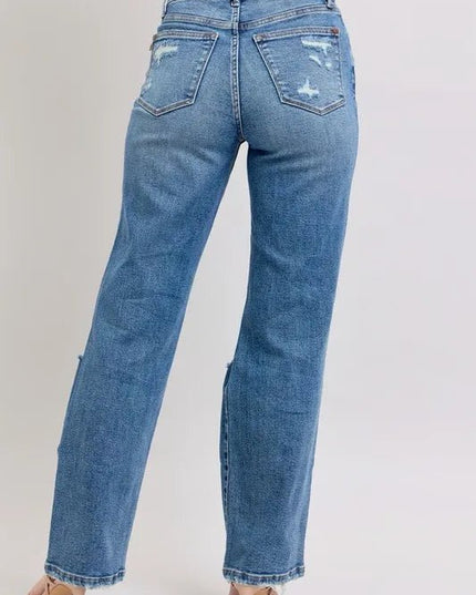 Judy Blue Full Size High Waist Heavy Destroy Straight Jeans Plus Size - THE AMERICAN BLUE