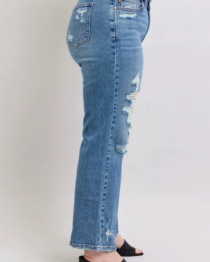 Judy Blue Full Size High Waist Heavy Destroy Straight Jeans Plus Size - THE AMERICAN BLUE