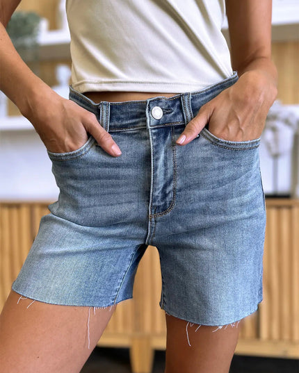 Judy Blue Full Size High Waist Raw Hem Denim Shorts - THE AMERICAN BLUE