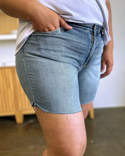 Judy Blue Full Size High Waist Raw Hem Denim Shorts - THE AMERICAN BLUE