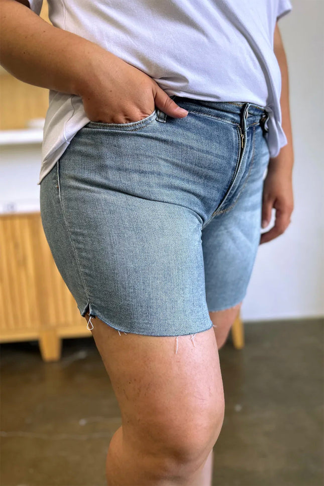 Judy Blue Full Size High Waist Raw Hem Denim Shorts - THE AMERICAN BLUE