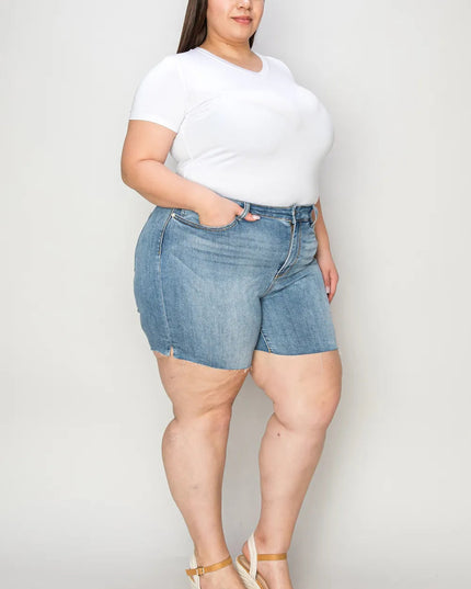 Judy Blue Full Size High Waist Raw Hem Denim Shorts - THE AMERICAN BLUE