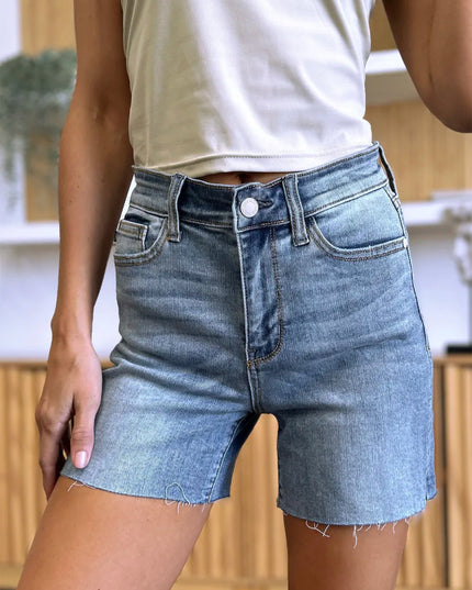 Judy Blue Full Size High Waist Raw Hem Denim Shorts - THE AMERICAN BLUE