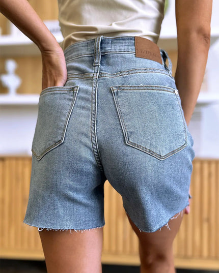 Judy Blue Full Size High Waist Raw Hem Denim Shorts - THE AMERICAN BLUE
