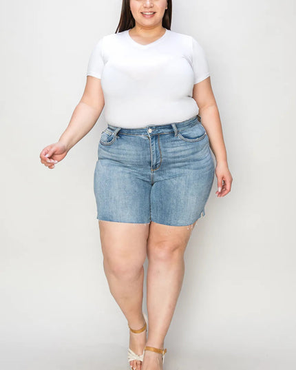 Judy Blue Full Size High Waist Raw Hem Denim Shorts - THE AMERICAN BLUE