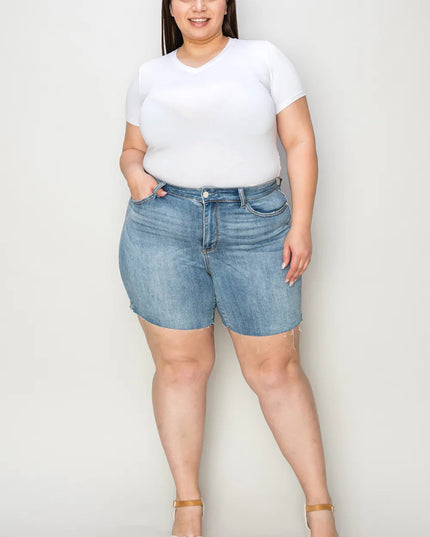 Judy Blue Full Size High Waist Raw Hem Denim Shorts - THE AMERICAN BLUE