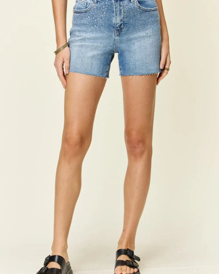 Judy Blue Full Size High Waist Rhinestone Decor Denim Shorts - THE AMERICAN BLUE