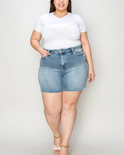 Judy Blue Full Size High Waist Rhinestone Decor Denim Shorts - THE AMERICAN BLUE