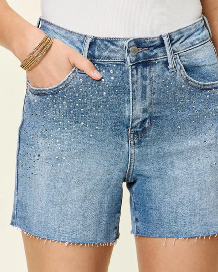 Judy Blue Full Size High Waist Rhinestone Decor Denim Shorts - THE AMERICAN BLUE