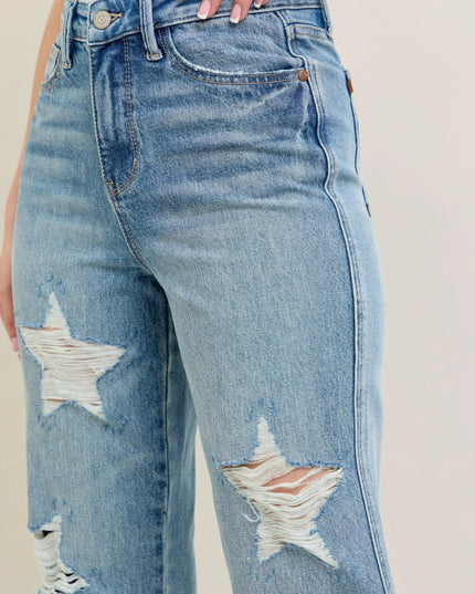 Judy Blue Full Size High Waist Rigid Magic Star Shaped Destroy 90's Straight Jeans Plus Size - THE AMERICAN BLUE