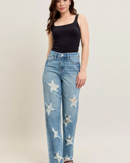 Judy Blue Full Size High Waist Rigid Magic Star Shaped Destroy 90's Straight Jeans Plus Size - THE AMERICAN BLUE