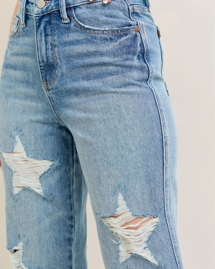Judy Blue Full Size High Waist Rigid Magic Star Shaped Destroy 90's Straight Jeans Plus Size - THE AMERICAN BLUE