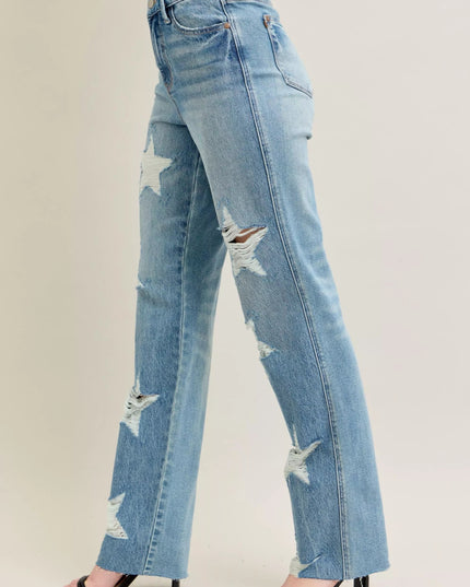 Judy Blue Full Size High Waist Rigid Magic Star Shaped Destroy 90's Straight Jeans Plus Size - THE AMERICAN BLUE