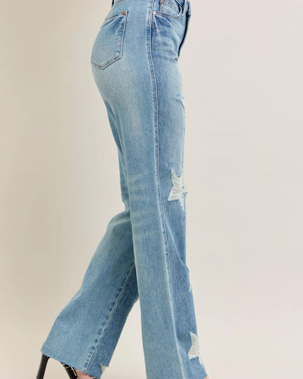 Judy Blue Full Size High Waist Rigid Magic Star Shaped Destroy 90's Straight Jeans Plus Size - THE AMERICAN BLUE