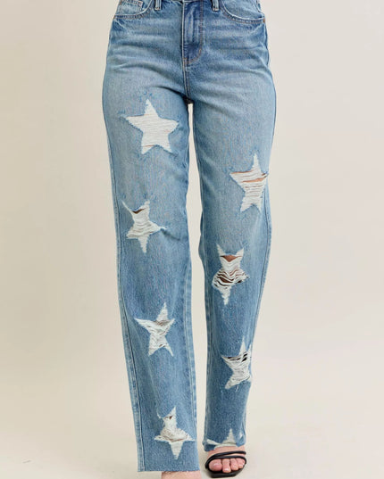 Judy Blue Full Size High Waist Rigid Magic Star Shaped Destroy 90's Straight Jeans Plus Size - THE AMERICAN BLUE
