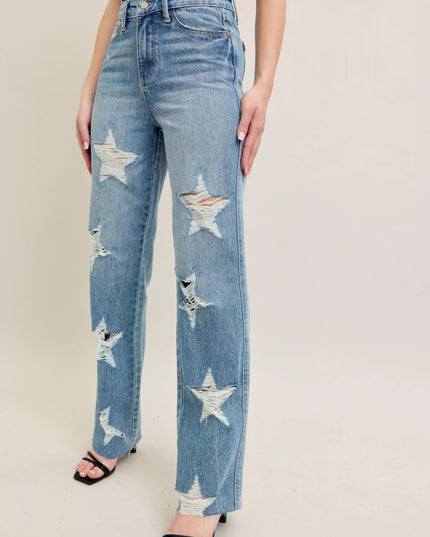 Judy Blue Full Size High Waist Rigid Magic Star Shaped Destroy 90's Straight Jeans Plus Size - THE AMERICAN BLUE