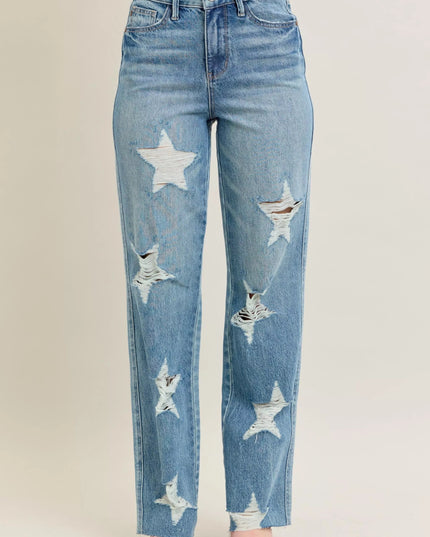 Judy Blue Full Size High Waist Rigid Magic Star Shaped Destroy 90's Straight Jeans Plus Size - THE AMERICAN BLUE