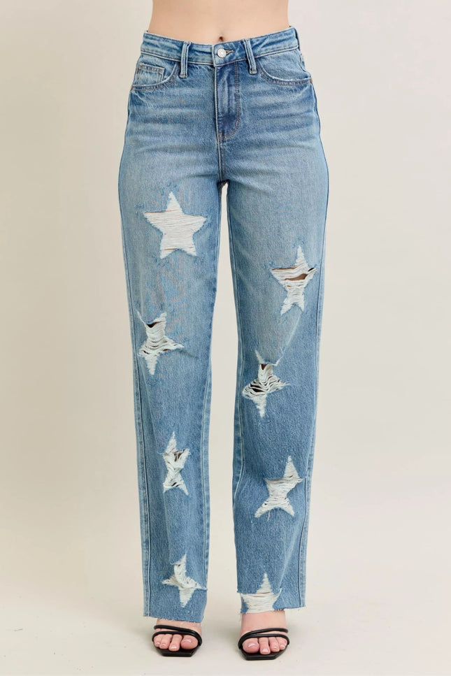 Judy Blue Full Size High Waist Rigid Magic Star Shaped Destroy 90's Straight Jeans Plus Size - THE AMERICAN BLUE