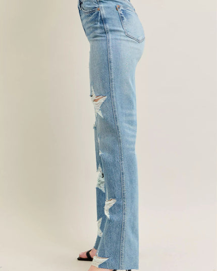 Judy Blue Full Size High Waist Rigid Magic Star Shaped Destroy 90's Straight Jeans Plus Size - THE AMERICAN BLUE