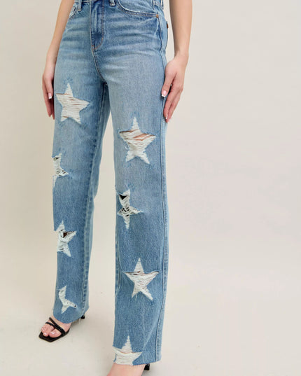 Judy Blue Full Size High Waist Rigid Magic Star Shaped Destroy 90's Straight Jeans Plus Size - THE AMERICAN BLUE