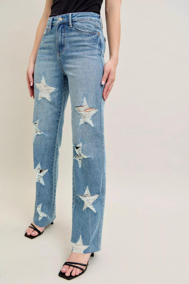 Judy Blue Full Size High Waist Rigid Magic Star Shaped Destroy 90's Straight Jeans Plus Size - THE AMERICAN BLUE