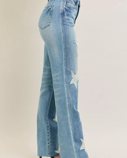 Judy Blue Full Size High Waist Rigid Magic Star Shaped Destroy 90's Straight Jeans Plus Size - THE AMERICAN BLUE