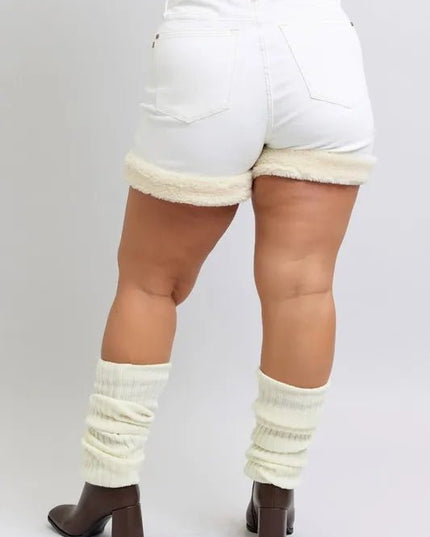 Judy Blue Full Size High Waist Shearling Cuff Denim Shorts Plus Size - THE AMERICAN BLUE