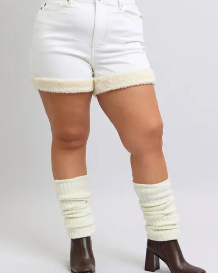 Judy Blue Full Size High Waist Shearling Cuff Denim Shorts Plus Size - THE AMERICAN BLUE