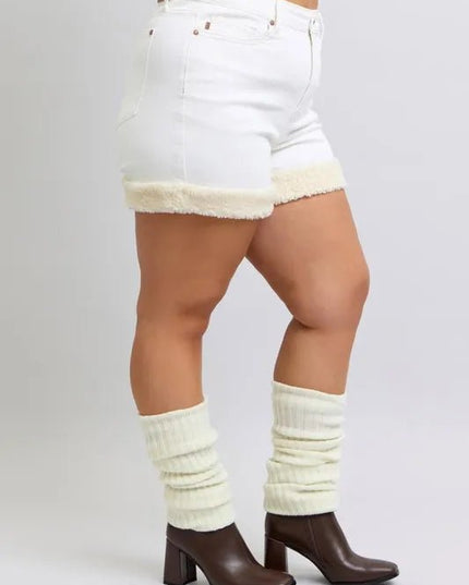 Judy Blue Full Size High Waist Shearling Cuff Denim Shorts Plus Size - THE AMERICAN BLUE