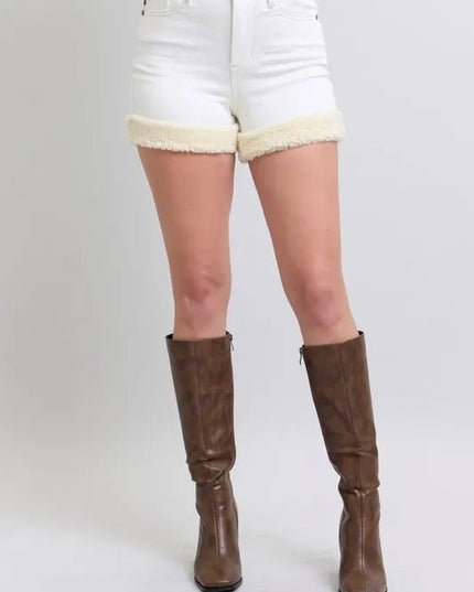 Judy Blue Full Size High Waist Shearling Cuff Denim Shorts Plus Size - THE AMERICAN BLUE