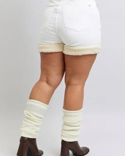 Judy Blue Full Size High Waist Shearling Cuff Denim Shorts Plus Size - THE AMERICAN BLUE
