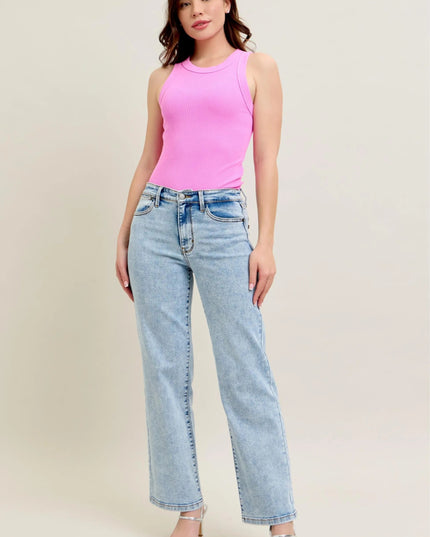 Judy Blue Full Size High Waist Stone Wash Straight Jeans Plus Size - THE AMERICAN BLUE