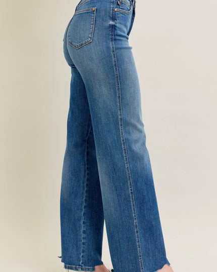 Judy Blue Full Size High Waist Tummy Control Chew Hem Destroy Wide Jeans Plus Size - THE AMERICAN BLUE