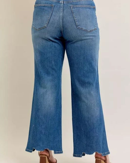 Judy Blue Full Size High Waist Tummy Control Chew Hem Destroy Wide Jeans Plus Size - THE AMERICAN BLUE