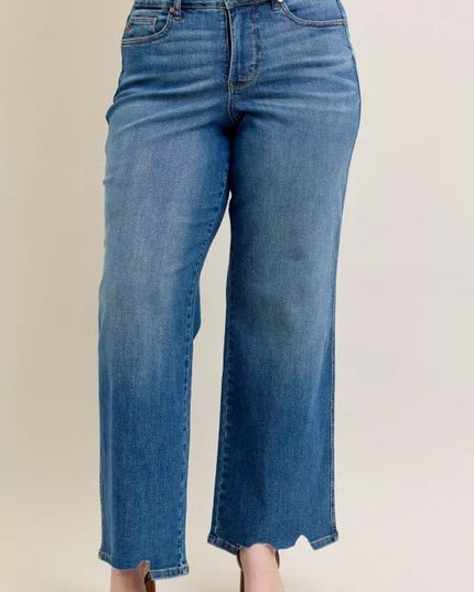 Judy Blue Full Size High Waist Tummy Control Chew Hem Destroy Wide Jeans Plus Size - THE AMERICAN BLUE