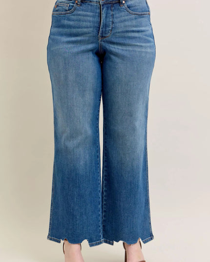 Judy Blue Full Size High Waist Tummy Control Chew Hem Destroy Wide Jeans Plus Size - THE AMERICAN BLUE