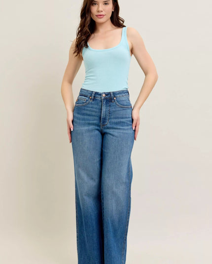 Judy Blue Full Size High Waist Tummy Control Chew Hem Destroy Wide Jeans Plus Size - THE AMERICAN BLUE