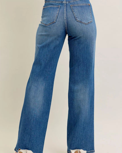 Judy Blue Full Size High Waist Tummy Control Chew Hem Destroy Wide Jeans Plus Size - THE AMERICAN BLUE
