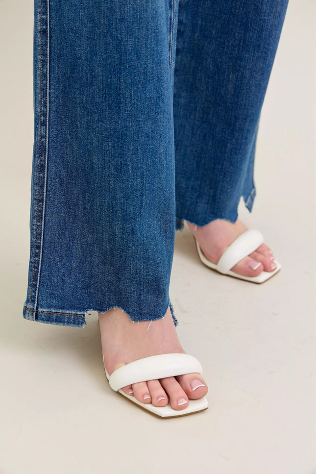 Judy Blue Full Size High Waist Tummy Control Chew Hem Destroy Wide Jeans Plus Size - THE AMERICAN BLUE