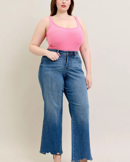 Judy Blue Full Size High Waist Tummy Control Chew Hem Destroy Wide Jeans Plus Size - THE AMERICAN BLUE