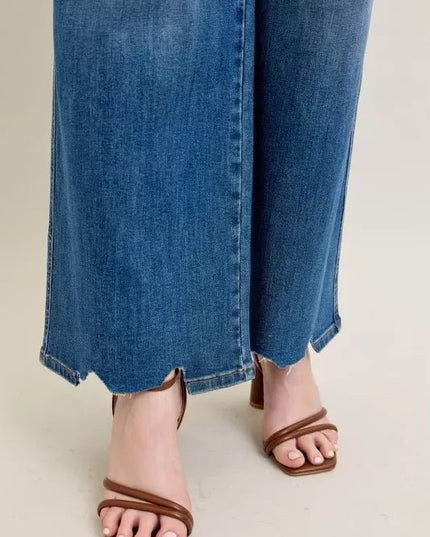 Judy Blue Full Size High Waist Tummy Control Chew Hem Destroy Wide Jeans Plus Size - THE AMERICAN BLUE